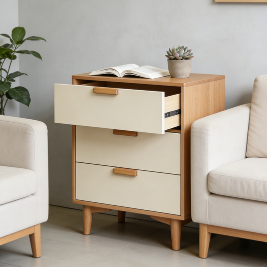 Oak & Cream 3-Drawer Nightstand - Modern Bedside Table with Wooden Handles